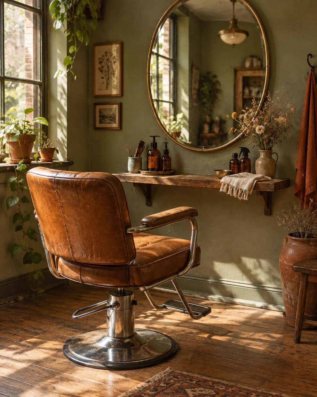 The studio at Become Beauty — a vintage leather chair in warm afternoon light